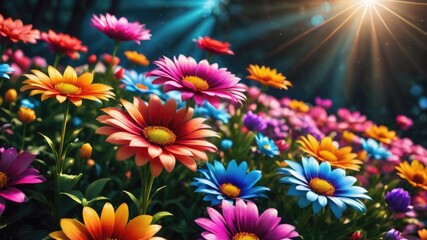 Flowers in the garden, Flowers on a black background, colorful flowers,s and a lens flare, colorful...