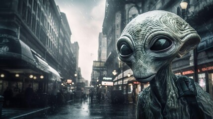 Spooky creepy green alien in human clothes on a city street. The invader spy stranger among us.