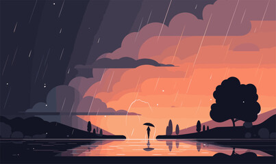 rain and people with umbrellas vector illustration
