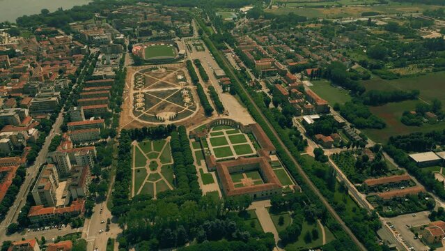 Aerial view of the city of Mantua involving former hippodrome park and renovated public space, Italy