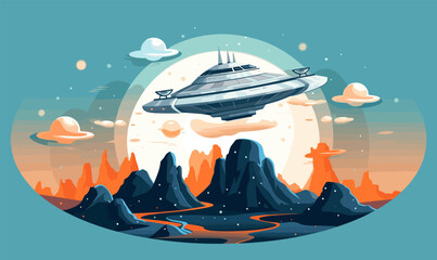 UFO near mountains flat style vector icon
