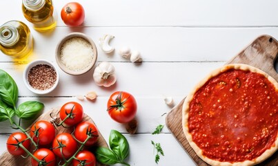 The ingredients for homemade pizza on a white wooden background