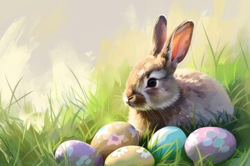 Happy Easter Eggs Basket Aquamarine. Bunny in flower easter excited decoration Garden. Cute hare 3d azalea easter rabbit spring illustration. Holy week visualization card wallpaper mauve