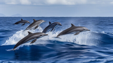 AI generated illustration of A group of dolphins jumping and playing in the turquoise ocean