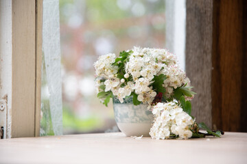 small bouquet of branch of a blooming hawthorn in vase on old shabby window sill,romantic mood and spring freshness