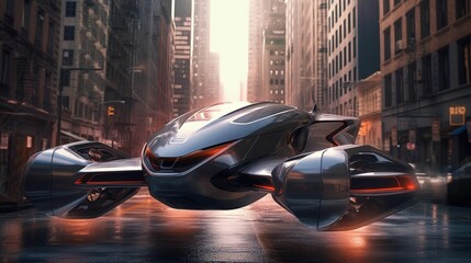 AI generated illustration of a flying car zooming by against the backdrop of skyscrapers