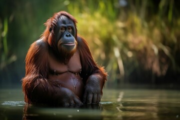 AI generated illustration of an orangutan sitting in the pond on the background of green foliage