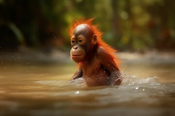 AI generated illustration of an adorable baby orangutan swims in a body of water
