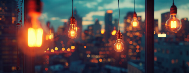 Illuminated vintage bulbs against city skyline at dusk. Urban evening ambiance. - obrazy, fototapety, plakaty