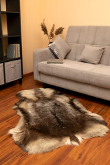 brown reindeer skin in front of the sofa in the interior