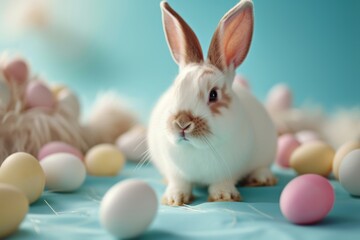 Happy Easter Eggs Basket Flora. Bunny in flower easter prayer decoration Garden. Cute hare 3d plush collectible easter rabbit spring illustration. Holy week Rose Sand card wallpaper note