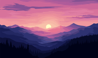 sunset between mountains vector illustration