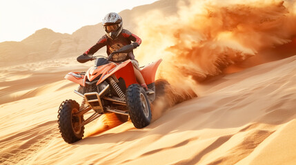 Fototapeta premium Man drives quad bike on the sand