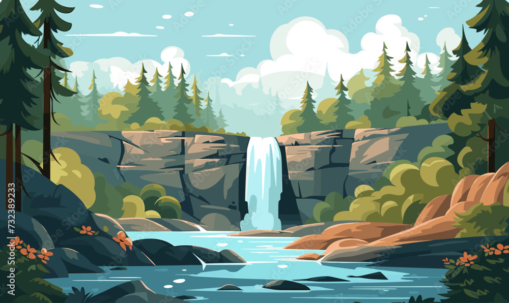 Poster waterfall in the forest vector illustration