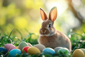Happy Easter Eggs Basket adventure. Bunny in flower easter carrots decoration Garden. Cute hare 3d gentle easter rabbit spring illustration. Holy week sage card wallpaper easter hellebore