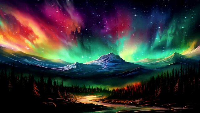 View of the aurora exotic above the clouds and colorful mountains dancing, great for use in backgrounds, websites, etc. Ai generative image