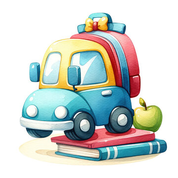 Back to school concept. watercolor illustration, Perfect for nursery art, Cute yellow watercolor school bus.