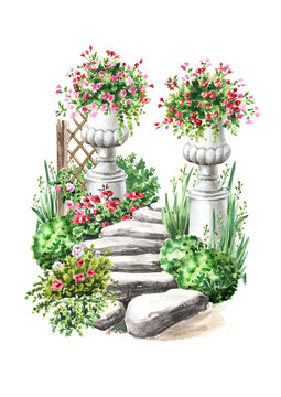 Garden decorative architectural stone marble vase or flower pot and stairs.  Landscape design, Hand drawn watercolor  illustration,  isolated on white background