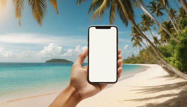  hand holding smartphone with blank screen on background of the beach, ocean, palm trees 