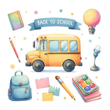 Back to school concept. watercolor illustration, Perfect for nursery art, Cute yellow watercolor school bus.