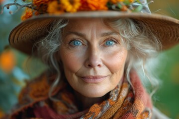 Close-up portrait of an elderly woman in a hat in autumn on the street