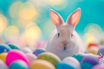 Happy Easter Eggs Basket spring. Bunny in flower easter tulips decoration Garden. Cute hare 3d prayer easter rabbit spring illustration. Holy week easter jasmine card wallpaper emblematic