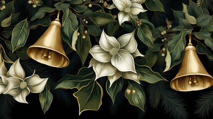 A painting of  Golden Bell magnolia flowers with leaves and leaves.