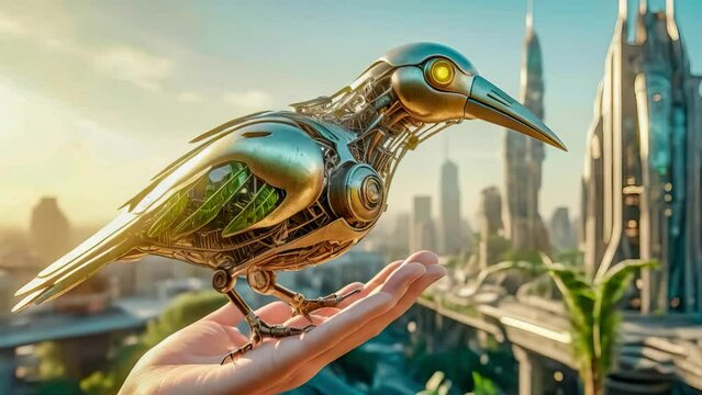 close-up of a robot bird on a girl&rsquo;s hand. ecology and environmental protection concept