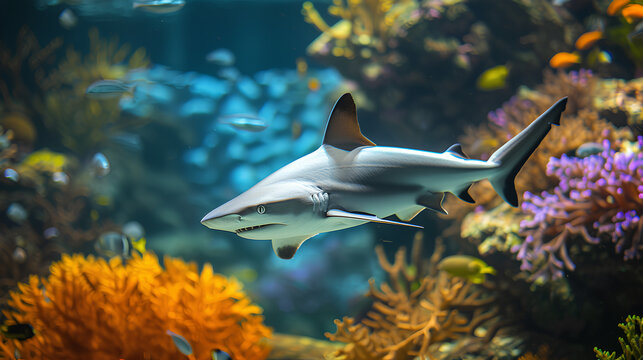 Grey shark in fish tank, sleek body gliding through the water