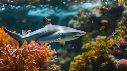 Grey shark in fish tank, sleek body gliding through the water