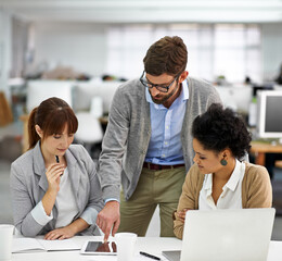 Creative, collaboration and meeting or discussion with tablet in office for project planning and...