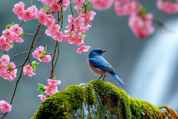 A bluebird perched on a pink cherry blossom tree. cherry blossom branch on a rock beside a waterfall covered in green moss.green moss Sharp, colorful images Colorful, high-definition image.