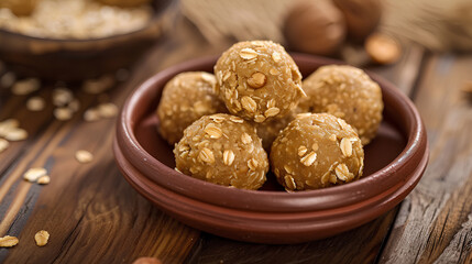 Fototapeta premium Oats laddu or Ladoo also known as Protein Energy balls, served in a plate or bowl