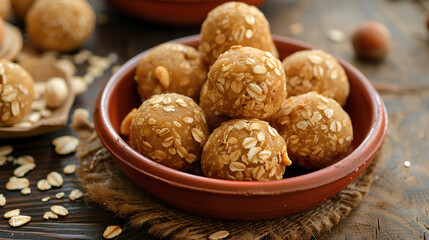 Obraz na płótnie Canvas Oats laddu or Ladoo also known as Protein Energy balls, served in a plate or bowl