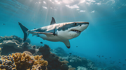 Ocean shark Underwater blue sea waves clear water shark swims forward