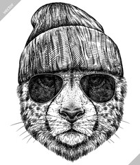 Vintage engraving isolated leopard set glasses dressed fashion panther illustration ink sketch. Africa wild cat cheetah background jaguar animal silhouette sunglasses hipster hat art. Vector image