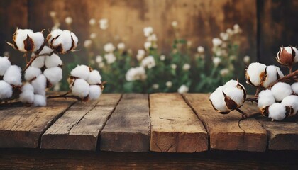  Empty rustic old wooden boards table copy space with cotton plants and white flowers in background.