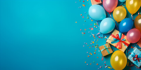 Flat lay composition with balloons and confetti on light blue background, space for text. Birthday décor.