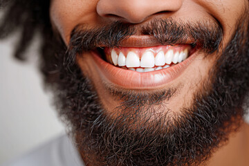 Close-up of smiling man with beard showing dental health and hygiene - obrazy, fototapety, plakaty
