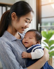  Mother hugging her baby with love and warmth at home, Newborn baby