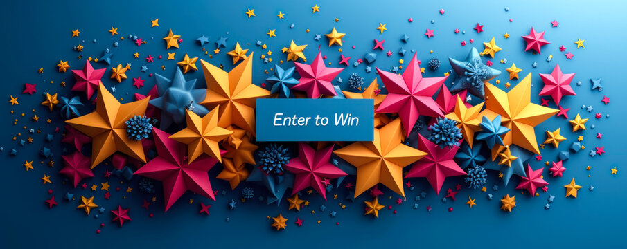 Enter to Win bold 3D text surrounded by vibrant multicolored stars, symbolizing contest, sweepstakes, rewards, chance, and celebration of potential victory