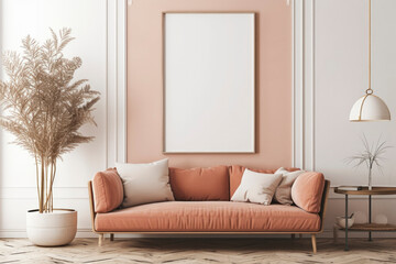 Trendy interior with a peach sofa, potted plant, and empty wall frame.