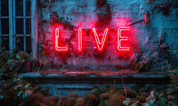 Red LIVE neon sign glowing brightly against a rough, dark, textured wall, symbolizing instant broadcasting or real time media streaming