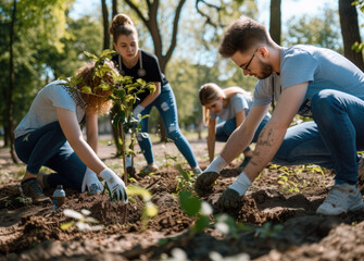 Volunteers are participating in planting trees to protect the environment - obrazy, fototapety, plakaty
