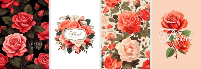 Hand drawn set of floral designs. Vectorized digital illustrations. high quality illustrations of roses, flowers and leaves for poster, prints, menu, card or cover