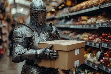 A medieval knight in armor stands with a cardboard box in a store - obrazy, fototapety, plakaty