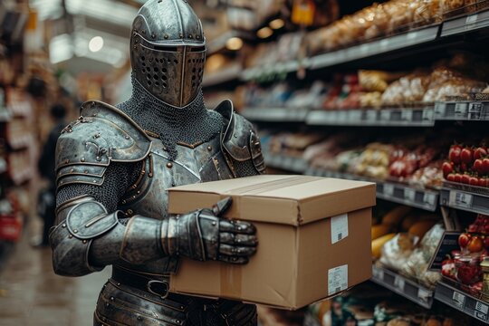 A medieval knight in armor stands with a cardboard box in a store