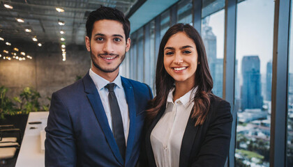 Male and female business couple posing smiling at their business office looking at the camera 