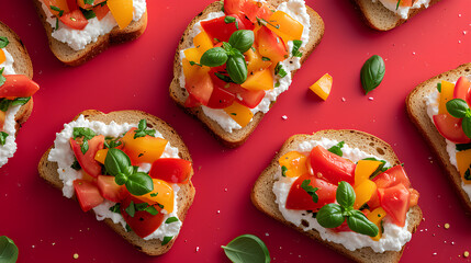 Top view of toast with bell pepper, tomatoes, and cottage cheese on a red background
