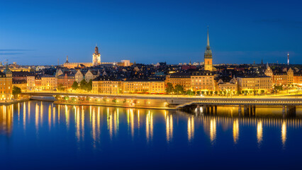 Stockholm, Sweden. Panoramic view of the City centre. The capital of Sweden. Cityscape during the blue hour. View of the old town in Stockholm. Photo for background and wallpaper.